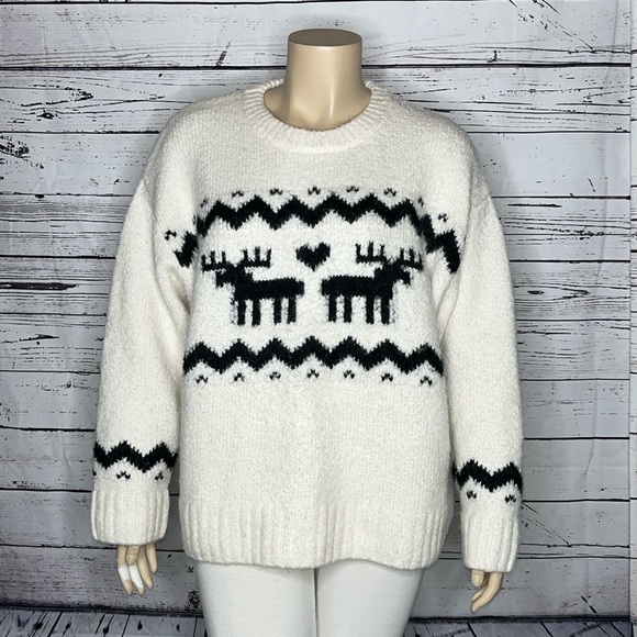 H&M Size XXL Ivory - Black Moose Wool/Alpaca Blend Sweater Top - Picture 1 of 6